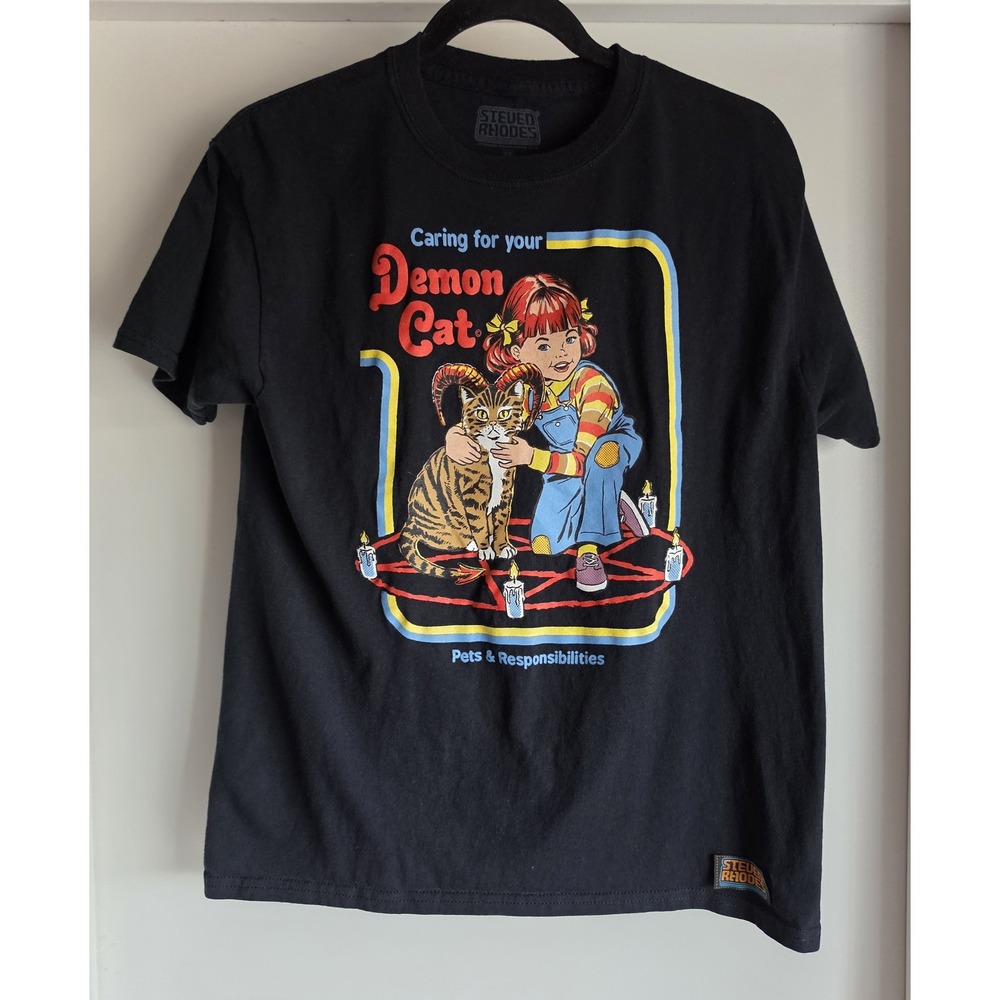 Steven Rhodes Caring For Demon Cat T-Shirt Black Short Sleeve Crew Neck Tee Top